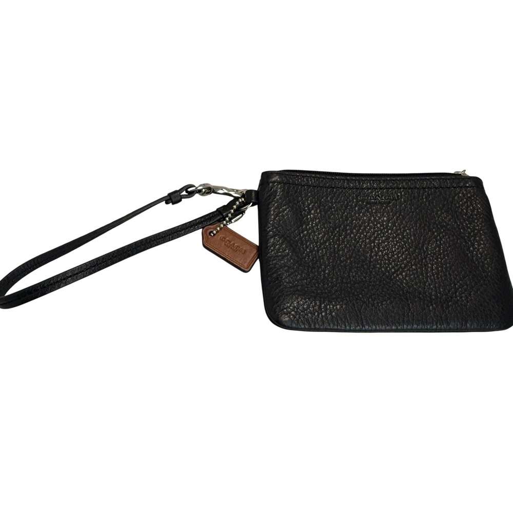 Coach Black Pebbled Leather Wristlet F51763 Zipper Pouch with Strap